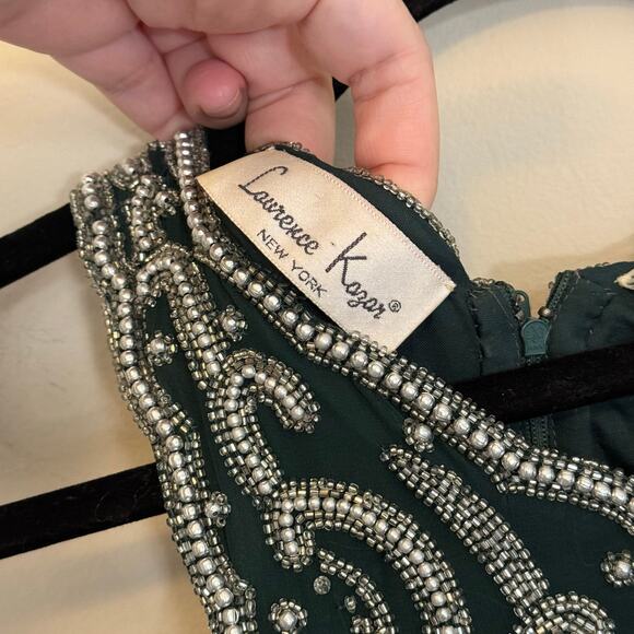VTG 90s Laurence Kazar Beaded Prom Gown PS Green Silk Evening Formal Cocktail - Picture 10 of 11